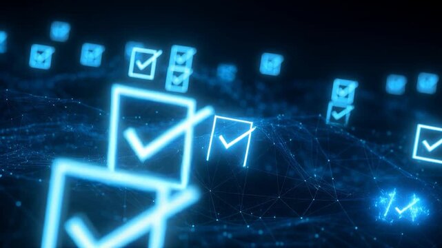 Neon checkmark digital checklist glowing icon task approval verification symbol network connection abstract background technology concept data flow blue light mood futuristic confident validation