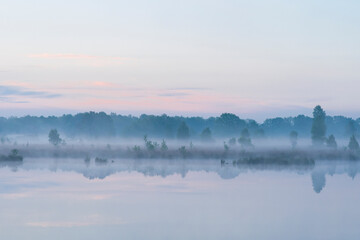 In the early morning a lake with a reflection of the sky and the trees. The sky is overcast and the air is cool and damp. The scene is quiet and peaceful, with the lake providing a sense of solitude a