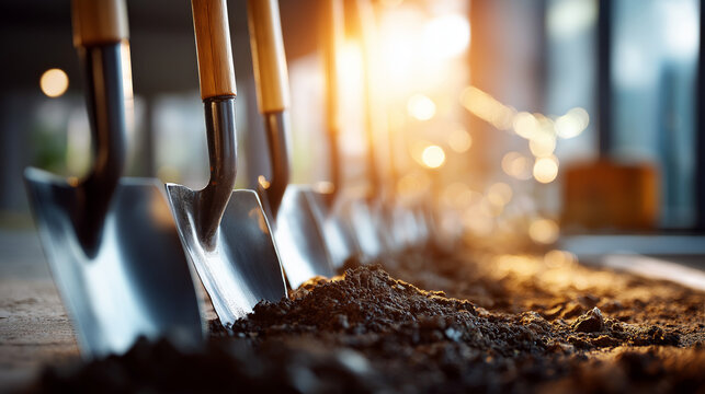 Ceremonial shovels in soil at festive groundbreaking faceless development event defocused construction site background inaugural ceremony project beginning official launch