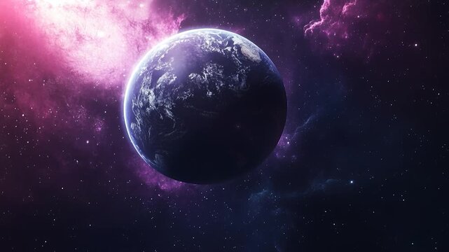 Deep space cosmic planet galaxy nebula with stars glowing violet blue orbit night, celestial cosmos scene purple pink glow, dreamy astrophotography horizon silhouette, dramatic mysterious science
