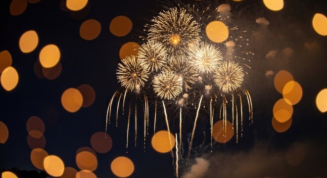 A vibrant fireworks display against a dark sky with bokeh lights.