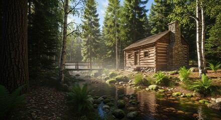A rustic log cabin nestled in a dense forest with a small stream flowing through the property.