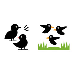 Cute cartoon birds vector illustration of two wild bullfinch animals on a tree branch silhouette design