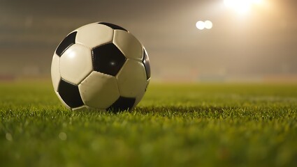 Classic football resting on green grass pitch under stadium lights