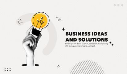 Trendy Halftone Collage Business ideas and solutions. Hand holds lightbulb. Startup idea. Investment tips. Creative poster with promotion text. Contemporary vector illustration art