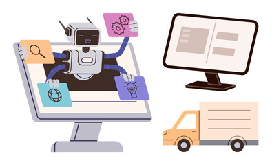 Robot extends arms from screen holding icons for innovation, search, and web. Nearby monitor and delivery truck symbolize logistics, tech integration, and productivity. Ideal for AI, automation