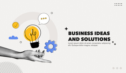 Trendy Halftone Collage Business ideas and solutions. Hand holds lightbulb. Startup idea. Investment tips. Creative poster with promotion text. Contemporary vector illustration art