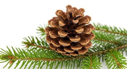 A pine cone with green needles on a white background.
