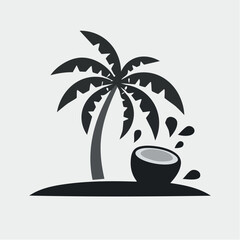 Black-and-white retro-style vector of a coconut tree with falling coconuts. Minimalist vintage design featuring bold lines and classic tropical imagery