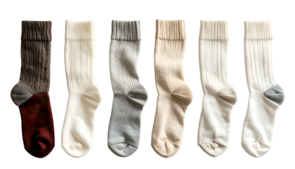 Six ribbed, neutral-colored socks lined up, varying shades