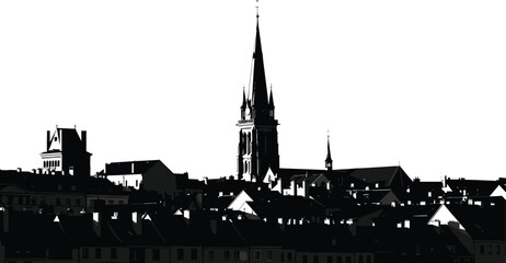 Black silhouette vector illustration of European city skyline with cathedral spire and old town rooftops isolated on white background.