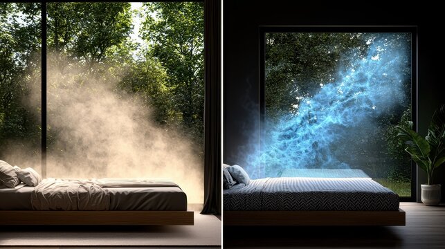 Mechanical ventilation diagram split-screen comparison showing dusty air quality versus clean blue airflow patterns in modern bedroom environment