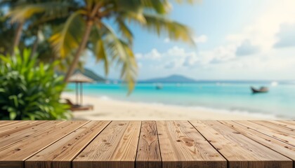 Fototapeta premium Serene Beach View from Wooden Table with Lush Palm Trees in Background