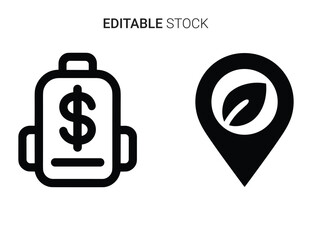 Outline icons for financial education, budgeting, and eco-friendly location pin map
