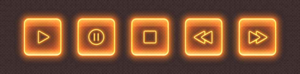 Neon media player buttons. Orange glowing glossy audio control icons. Interface elements for music or video streaming service. Vector illustration. © Likanaris