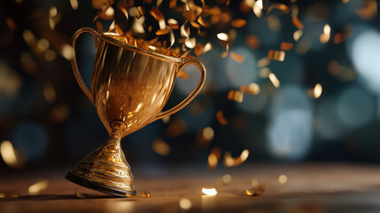 Close up golden trophy award with falling confetti faceless achievement symbol defocused celebration background 3D rendering visualization success moment victory recognition