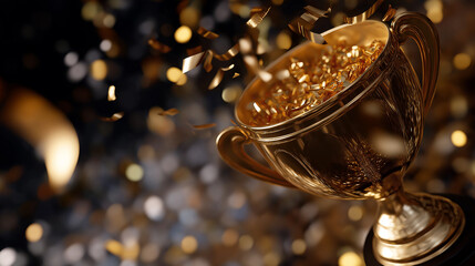 Close up golden trophy award with falling confetti faceless achievement symbol defocused celebration background 3D rendering visualization success moment victory recognition