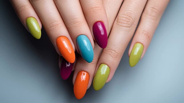 Creative nail art featuring colorful manicure designs on hands in bright hues and various shapes