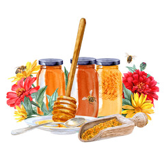Glass cans with Different types of honey, Zinnia and Heliopsis flowers and bees around in watercolor technique