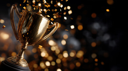 Close up golden trophy award with falling confetti faceless achievement symbol defocused celebration background 3D rendering visualization success moment victory recognition
