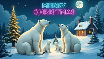 Polar bear family with festive mood celebrating Christmas against snowy night background with neon sign