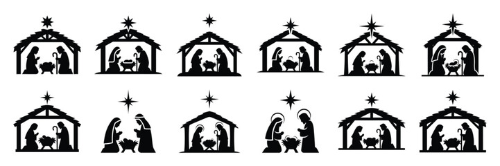 nativity manger icon set. silhouette Vector illustration.