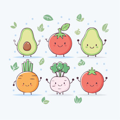 Fototapeta premium Charming set of cute cartoon vegetables with happy faces, featuring smiling avocados, cheerful tomatoes, a joyful carrot, and a playful radish, for healthy eating