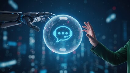 Human and robot arm reach toward bright ai chat sphere in cyber city for tech support customer service