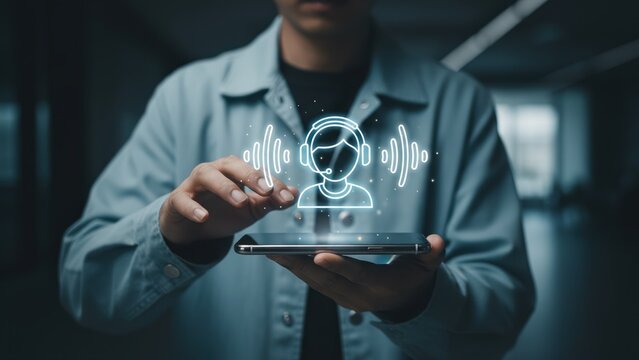 Man using phone with glowing customer service hologram in cool light for tech support customer service search