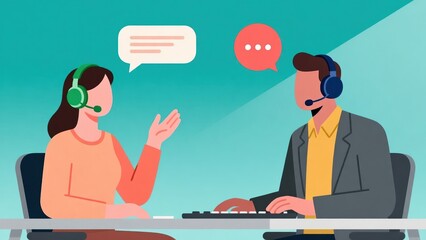 Two friendly agents with chat bubbles in clean teal scene showing tech support customer service teamwork