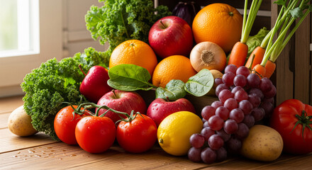 Dynamic shot of various fresh, whole fruits and vegetables (e.g., apples, oranges, leafy greens, tomatoes) artfully arranged in a rustic wooden crate or spilled naturally on a textured kitchen counter