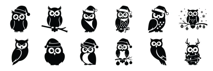 Fototapete Rund Eulen christmas owl icon set. silhouette Vector illustration.  © KartikChandro