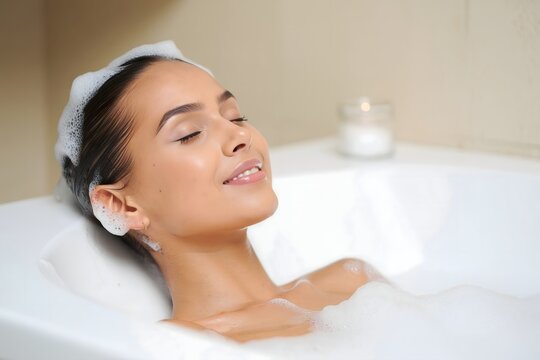 Woman relaxing in bubble bath at home spa for self care and wellness day