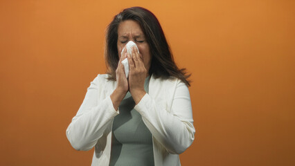 Woman blows nose into tissue with both hands, eyes closed and hair loose, wearing white jacket and...