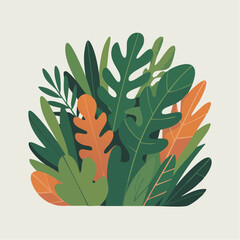 Lush tropical foliage arrangement in vibrant greens and oranges, perfect for adding a touch of nature to any design project, modern botanical illustration