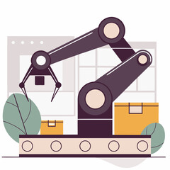Automated robotic arm on a conveyor belt with boxes