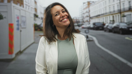 Woman smiling with tilted head and visible face, wearing white blazer and mint ribbed top, standing...