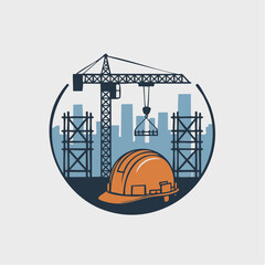 Construction site safety with a hard hat and crane overseeing the building process, symbolizing progress and industry advancement, scalable graphic
