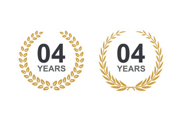 4th anniversary laurel wreath. 4 year anniversary floral laurel wreath. Anniversary icon or logo with laurel wreath. 4th year celebration label vector illustration