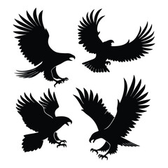Fototapeta premium Aggressive eagle silhouettes in black on white, showing flight, power, and hunting posture