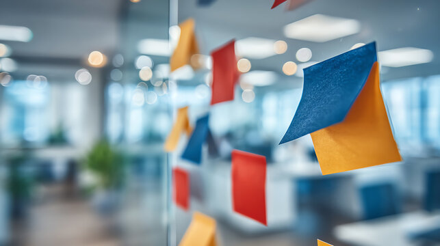 Colorful sticky notes on a glass wall inside a modern office environment, symbolizing creativity and organization in the workplace.