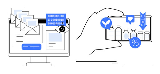 Desktop with email notifications, binary data, privacy focus with an eye, and a hand holding a phone showing product bottles, discounts, and engagement icons. Ideal for email marketing, data