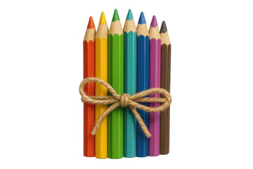Colorful art supplies pencils neatly bundled with rope, promoting creativity and learning, on a transparent background