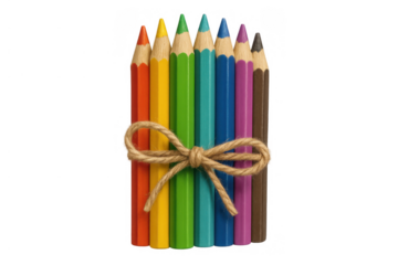 Colorful art supplies pencils neatly bundled with rope, promoting creativity and learning, on a transparent background
