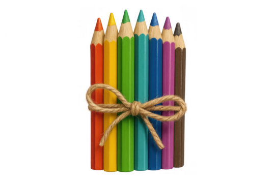 Colorful art supplies pencils neatly bundled with rope, promoting creativity and learning, on a transparent background - Powered by Adobe