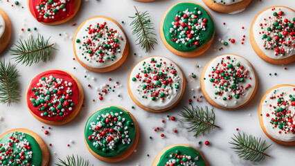 Top view of fictional pale Christmas cookies with white and colored frosting and red and green sprinkles. With tiny pine branches. Festive setting for winter menu visuals, holiday features.