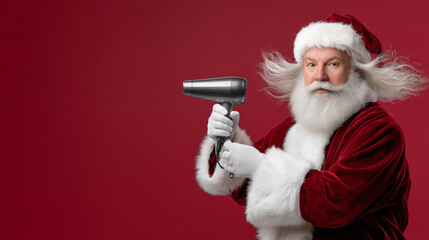 Santa Claus with long white beard, wearing red suit, humorously holding a hairdryer against a vibrant red background, showcasing a playful holiday spirit and festive cheer