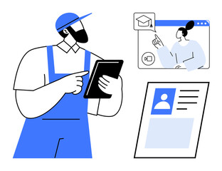 Online education. A worker uses a tablet to access online education, a video tutorial and a personal profile document. Online education for workers, digital skills, training, e-learning, professional