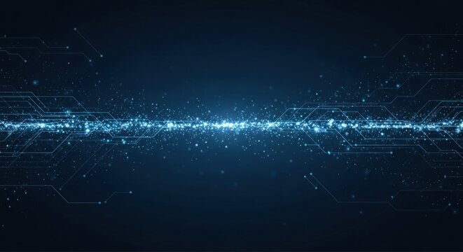 A blue and white digital wave with glowing particles and circuitry on a dark background.