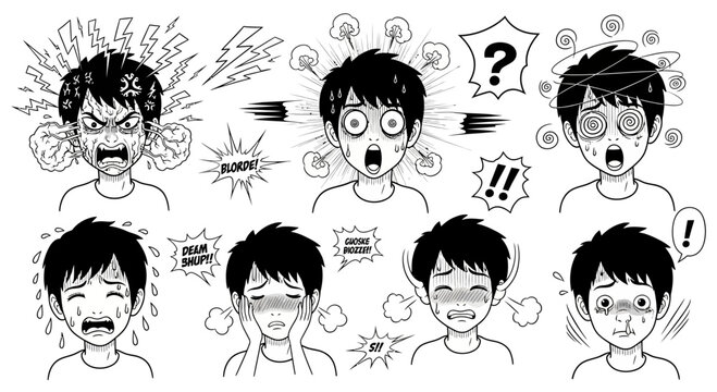 Collection of manga style illustrations expressing various emotions and reactions
